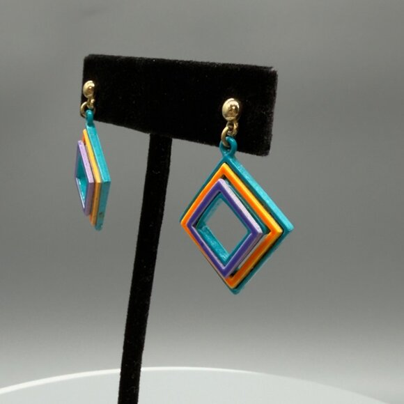 Vintage Bright Multicolor Retro Geometric Enamel Block Square Earrings 80's - Picture 2 of 10